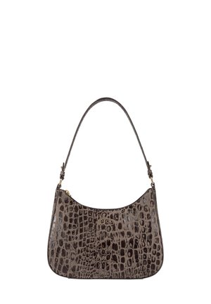 Crocodile-patterned leather handbag in dark gray with a curved silhouette and adjustable shoulder strap, featuring gold-tone hardware.