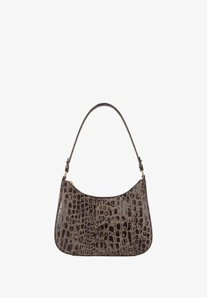 Crocodile-patterned leather handbag in dark gray with a curved silhouette and adjustable shoulder strap, featuring gold-tone hardware.