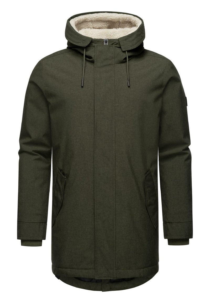 Jachetă verde, texturată, cu glugă și căptușeală din blană sintetică. Include închidere cu fermoar, două buzunare laterale și manșete elastice. Design simplu, funcțional.