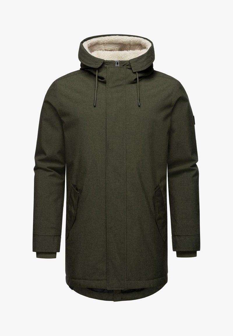 Jachetă verde, texturată, cu glugă și căptușeală din blană sintetică. Include închidere cu fermoar, două buzunare laterale și manșete elastice. Design simplu, funcțional.