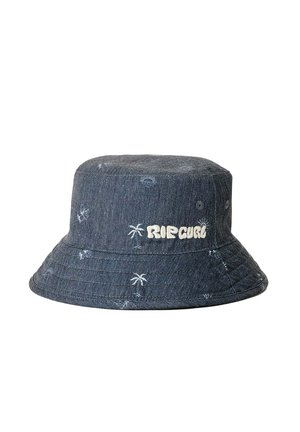 Dunkelblauer Jeans-Bucket-Hut mit weißen Palmenmustern und weißem "RIP CURL"-Text auf der Seite bestickt.