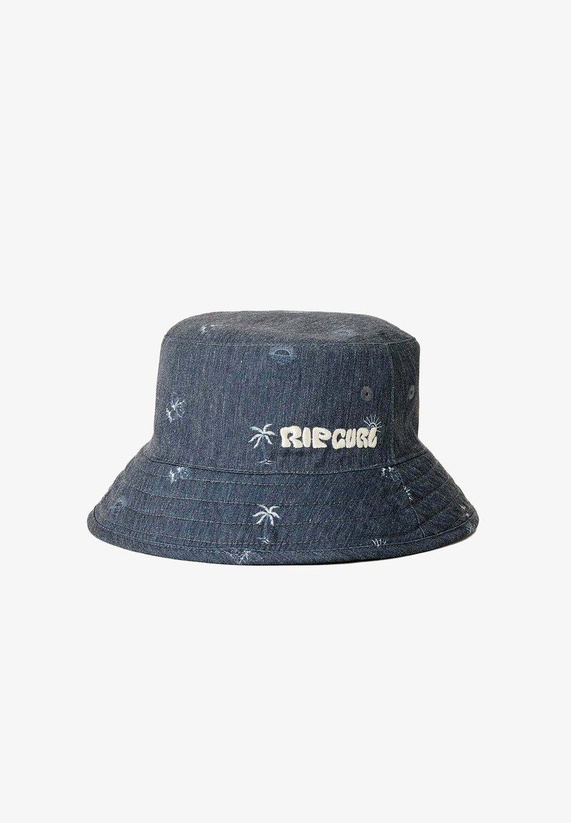 Dark denim bucket hat with white palm tree patterns and white "RIP CURL" text embroidered on the side.