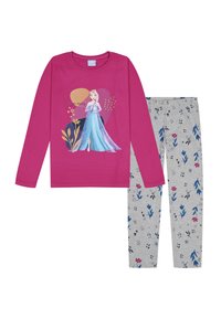Langärmliges pinkes Oberteil mit einem grafischen Design eines Charakters, kombiniert mit grauen gemusterten Hosen mit blauen und pinken Blumenmotiven.