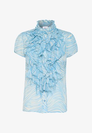 Vaaleansininen röyhelöblusa, jossa on korkea kaulus, lyhyet hihat ja valkoinen raidallinen kuvio. Edessä nappikiinnitys.