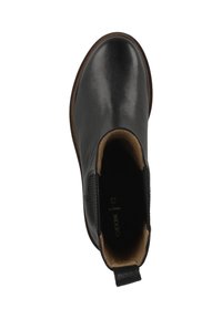 Bota Chelsea de cuero negro con punta redondeada, paneles laterales elásticos, lengüeta en el talón y forro interior marrón claro, vista desde arriba.