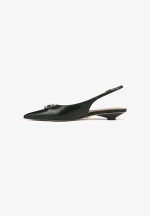 Chaussures slingback noires en cuir avec un bout pointu et un petit talon carré. Présentent des accents dorés à l'avant et une finition texturée.