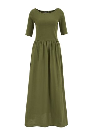 Olijfgroene jurk met geribbelde, aansluitende korte mouwen en geplooide lange rok, met een ronde halslijn en taille naad.