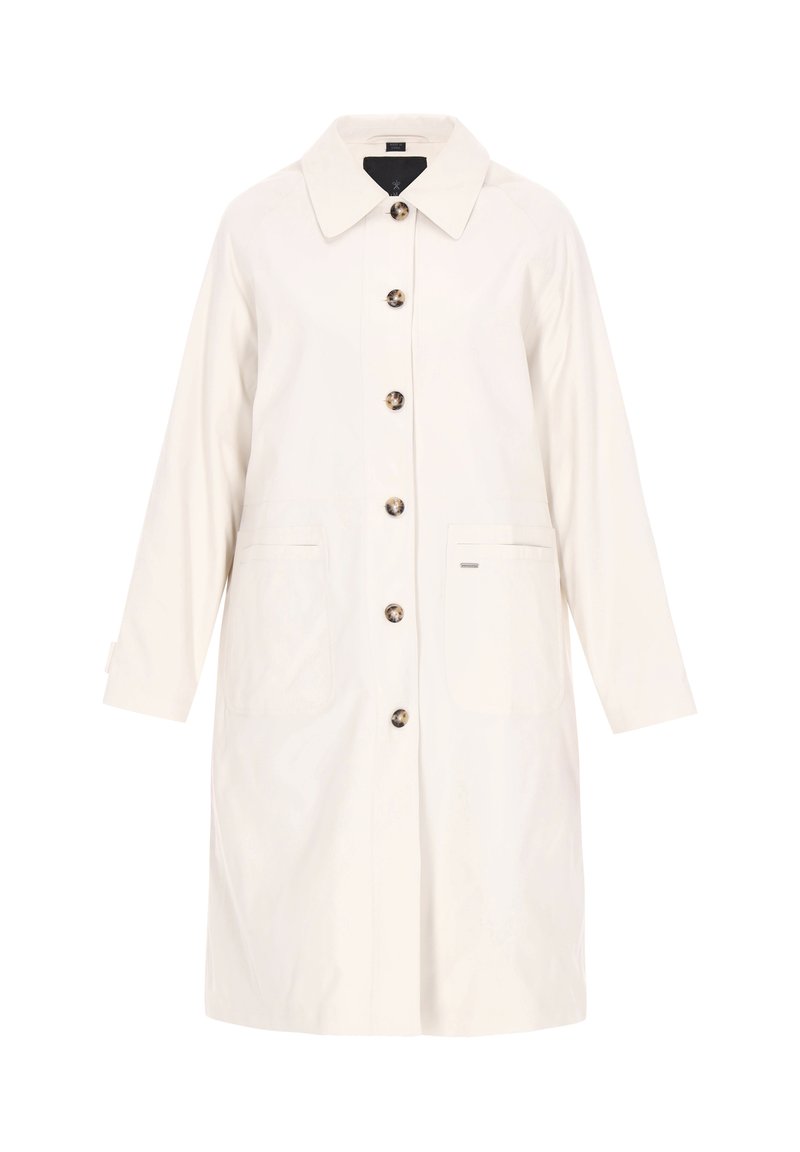 Könnyű, krémszínű kabát gallérral, gombos elülső résszel, két első zsebbel és egyenes szabással. Texturált anyaggal és kontrasztos gombokkal rendelkezik.