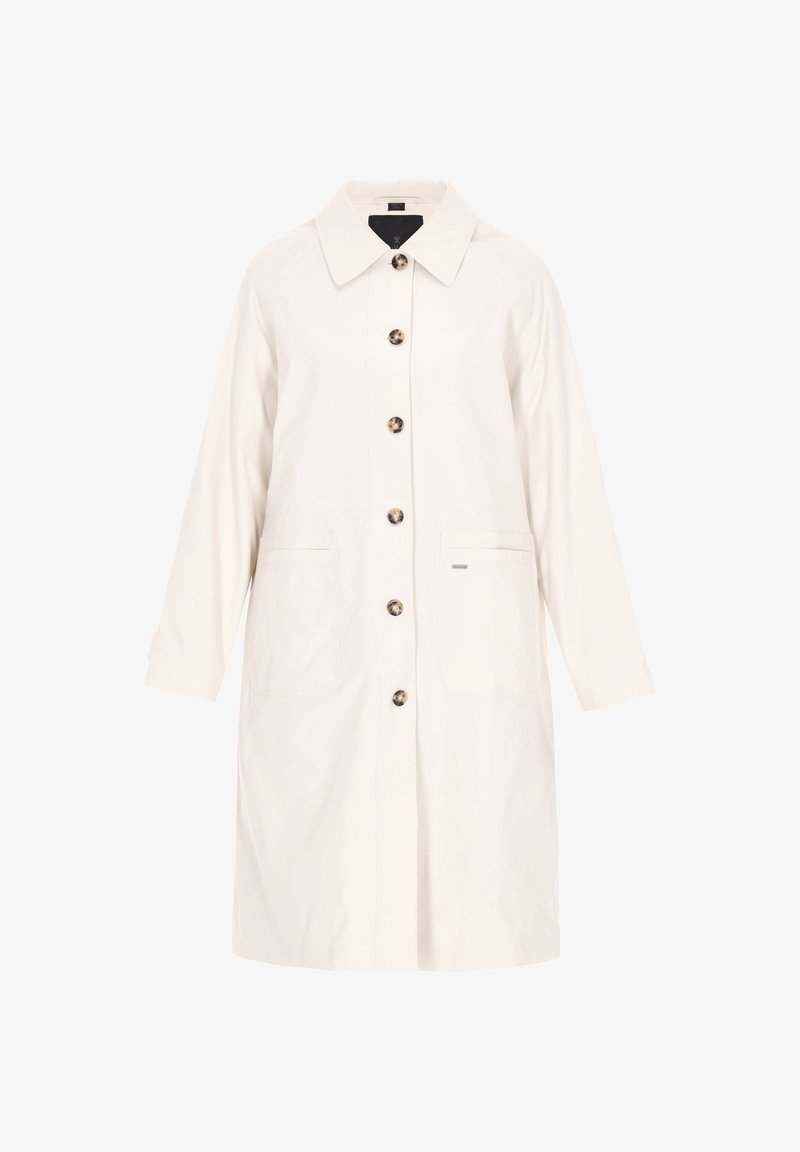 Könnyű, krémszínű kabát gallérral, gombos elülső résszel, két első zsebbel és egyenes szabással. Texturált anyaggal és kontrasztos gombokkal rendelkezik.