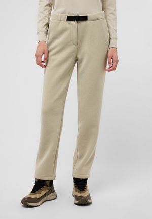 Tan, zachte fleece sweatpants met een aansluitende tailleband en voorzakken, voorzien van een zwarte verstelbare riem en een rechte pijpdesign.
