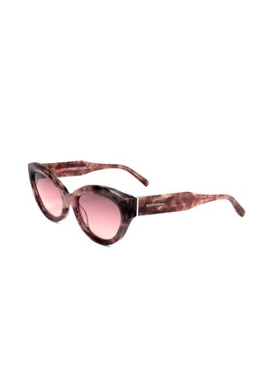 Occhiali da sole cat-eye con lenti sfumate rosa e montatura marrone marmorizzata, con il logo "Scotch & Soda" sulle aste.