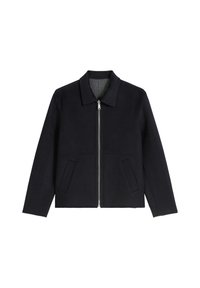 Granatowa wełniana kurtka z kołnierzem, przednim zamkiem błyskawicznym i dwoma bocznymi kieszeniami. Charakteryzuje się teksturowaną, miękką tkaniną oraz prostym fasonem.