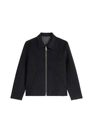 Marineblauw wollen jack met een kraag, een ritssluiting aan de voorkant en twee zijzakken. Heeft een gestructureerde, zachte stof en een recht gesneden ontwerp.