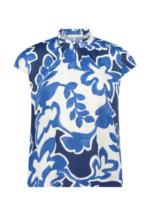 Kurzärmelige Bluse mit hohem Kragen, blau-weißem abstraktem Blumenmuster und einem einzelnen Knopfverschluss am Ausschnitt.