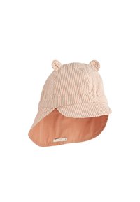 Prugasta ružičasta pamučna sunčana kapa širokog oboda s ukrasima u obliku ušiju i jednobojnom donjom stranom. Ima mekanu teksturu i podesiv dizajn.