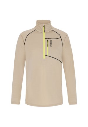 Beige pitkähihaine pulloveri korkealla kauluksella, puolivetoketjulla, mustalla ompeleella ja neonkeltaisella vetoketjutiedolla. Rinnassa logo.