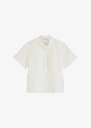 Biele krátke rukávy košeľa z ľahkej bavlny, s mandarina golierom, predným zapínaním na gombíky a jednou náprsnínou.