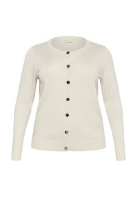 Cardigan bej deschis, dintr-un material tricotat texturat. Are un guler rotund, mâneci lungi și nasturi negri pe partea din față.