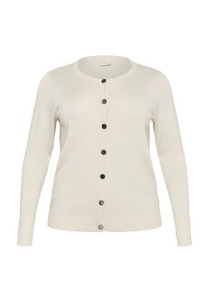 Helles beiges Cardigan aus strukturiertem Strickstoff. Verfügt über einen runden Ausschnitt, lange Ärmel und schwarze Knöpfe entlang der Vorderseite.
