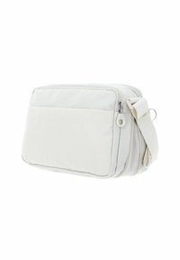 Weiße Umhängetasche aus strukturiertem Stoff, mit einem Reißverschluss-Hauptfach, einer Vorderseite und einem verstellbaren Schulterriemen.