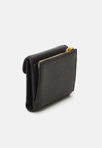 Black leather wallet with a textured finish, featuring a gold zip closure and folded design, compact and angular shape.