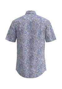 Camicia a maniche corte in tessuto leggero, con un motivo paisley blu, colletto classico e orlo curvato.