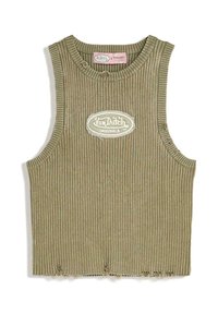 Olivengrøn, ribbet, ærmeløs crop top med rund halsudskæring, der har et syet logo-patch og en frynset kant.