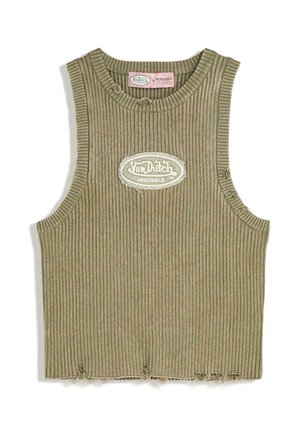 Olivově zelený žebrovaný bezramínkový crop top s kulatým výstřihem, se šitým logem a roztrhaným lemem.