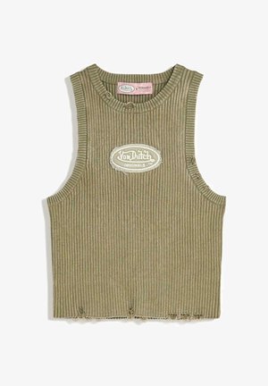 Olivazöld bordázott, ujjatlan crop top kerek nyakkivágással, varrott logóval és rojtos szegéllyel.