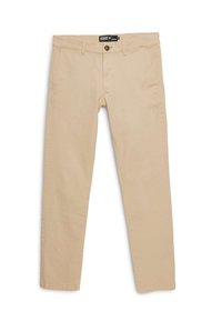 Chinos de algodón beige con un diseño de pierna recta, que cuentan con un cierre de botón, trabillas para el cinturón y bolsillos laterales. Textura suave en todo su diseño.