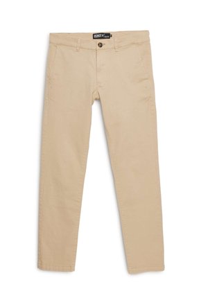 Beige bomulds chinos med et straight leg design, der har knaplukning, bæltestropper og sidelommer. Glat tekstur hele vejen igennem.