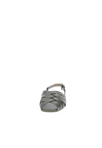 Sandalo verde con cinturini, caratterizzato da un design intrecciato, suola piatta, cinturino alla caviglia con fibbia e texture liscia. Stile minimalista e aperto davanti.