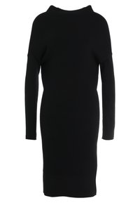 Abito nero a maglia con maniche lunghe, scollatura ampia e silhouette aderente. La texture è a coste, con un colore uniforme e senza ulteriori motivi.