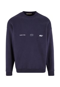 Pulover din bumbac bleumarin, cu guler rotund cu nervuri, mâneci lungi și imprimeuri de logo: "Another Cotton" și "ACL" în alb pe față.
