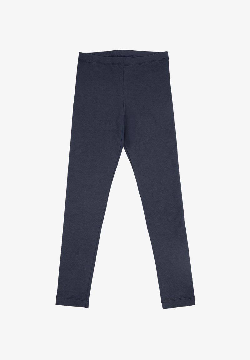 Leggings blu navy realizzati in tessuto di cotone elastico. Design aderente con vita elasticizzata e texture liscia. Nessun motivo o dettaglio visibile.