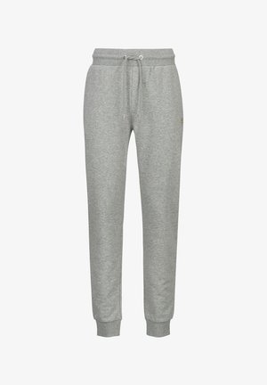 Hellgraue Jogginghose aus Fleece mit elastischem Bund, Kordelzugverschluss, Seitentaschen, gerippten Bündchen und kleinem Logo am oberen Oberschenkel.