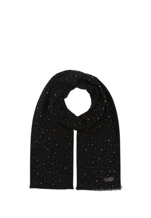 Sciarpa nera con una texture morbida, caratterizzata da decorazioni metalliche sparse e estremità frangianti. Etichetta del marchio posizionata a un'estremità.