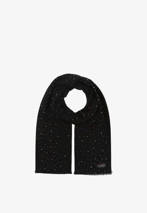 Sciarpa nera con una texture morbida, caratterizzata da decorazioni metalliche sparse e estremità frangianti. Etichetta del marchio posizionata a un'estremità.