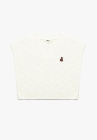 Hvid kabelstrikket sweater vest med V-hals og korte ærmer. Har en lille broderet brun teddybjørn på venstre side.