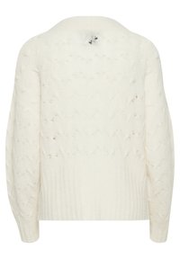 Weißer Strickpullover mit einem strukturierten Stichmuster, gerippten Bündchen und Saum. Das Design hat einen legeren Schnitt und ein Rückenelement.