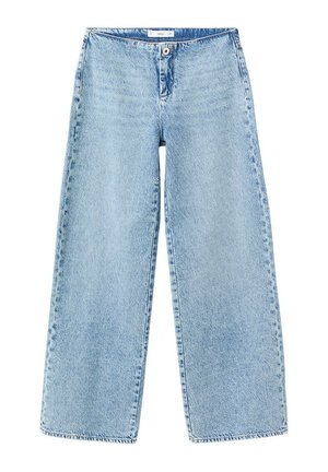 Jean en denim bleu clair à jambes larges avec fermeture bouton et zip, coutures à l'avant et sans poches visibles, posé à plat sur fond blanc.