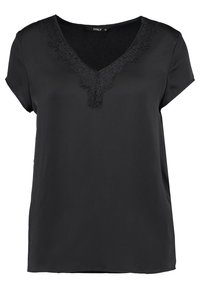 Blusa nera a maniche corte con scollatura a V e dettagli in pizzo floreale lungo il colletto. Tessuto liscio con una vestibilità comoda.