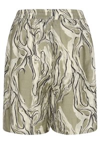 Shorts en lin à motif avec une ceinture élastique, design abstrait irrégulier en olive et crème avec des accents noirs.