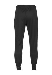 Zwarte sweatpants van gladde stof, met een elastische tailleband en geribbelde boorden met witte accenten aan de zoom.