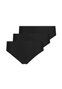 Zwarte naadloze ondergoedset van drie. Minimalistisch ontwerp met een gladde structuur en een elastische tailleband. Elk stuk is hoog uitgesneden en heeft geen tailleband.