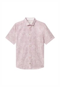 Camicia a maniche corte in tessuto rosa chiaro con un motivo testurizzato, dotata di una chiusura con bottoni e bottoni marrone chiaro.