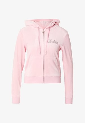 Różowa bluza z kapturem na zamek wykonana z miękkiego materiału, z przednią kieszenią, kapturem ze sznurkiem i ozdobiona kryształowymi literami na piersi.