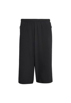 Shorts de sport noirs en tissu léger, dotés d'une taille élastique et de poches latérales, avec un design simple et épuré.