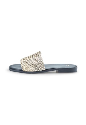 Woven slide sandal featuring a beige strap with a textured pattern and a dark blue synthetic sole, designed for easy slip-on use.
