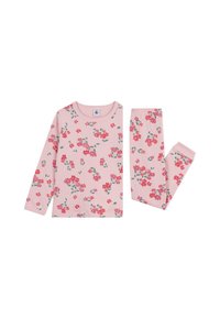 Set di pigiama rosa composto da top a maniche lunghe e leggings. Motivo floreale con dettagli rossi e verdi, realizzato in materiale morbido e elasticizzato.